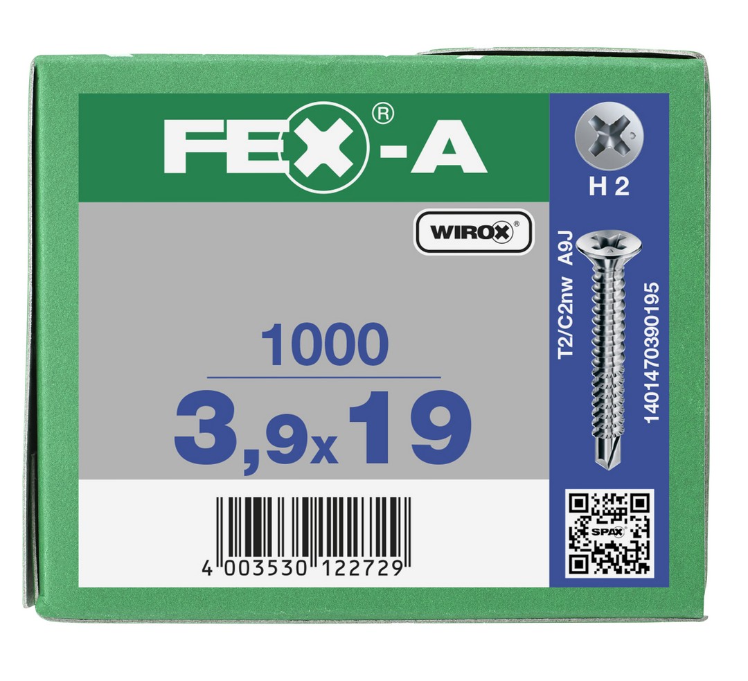 FEX-A, 3,9 x 19 mm, 1000 unidades, Rosca gruesa, Cabeza plana, Ranura en cruz H2, Punta perforadora, Titanio plateado