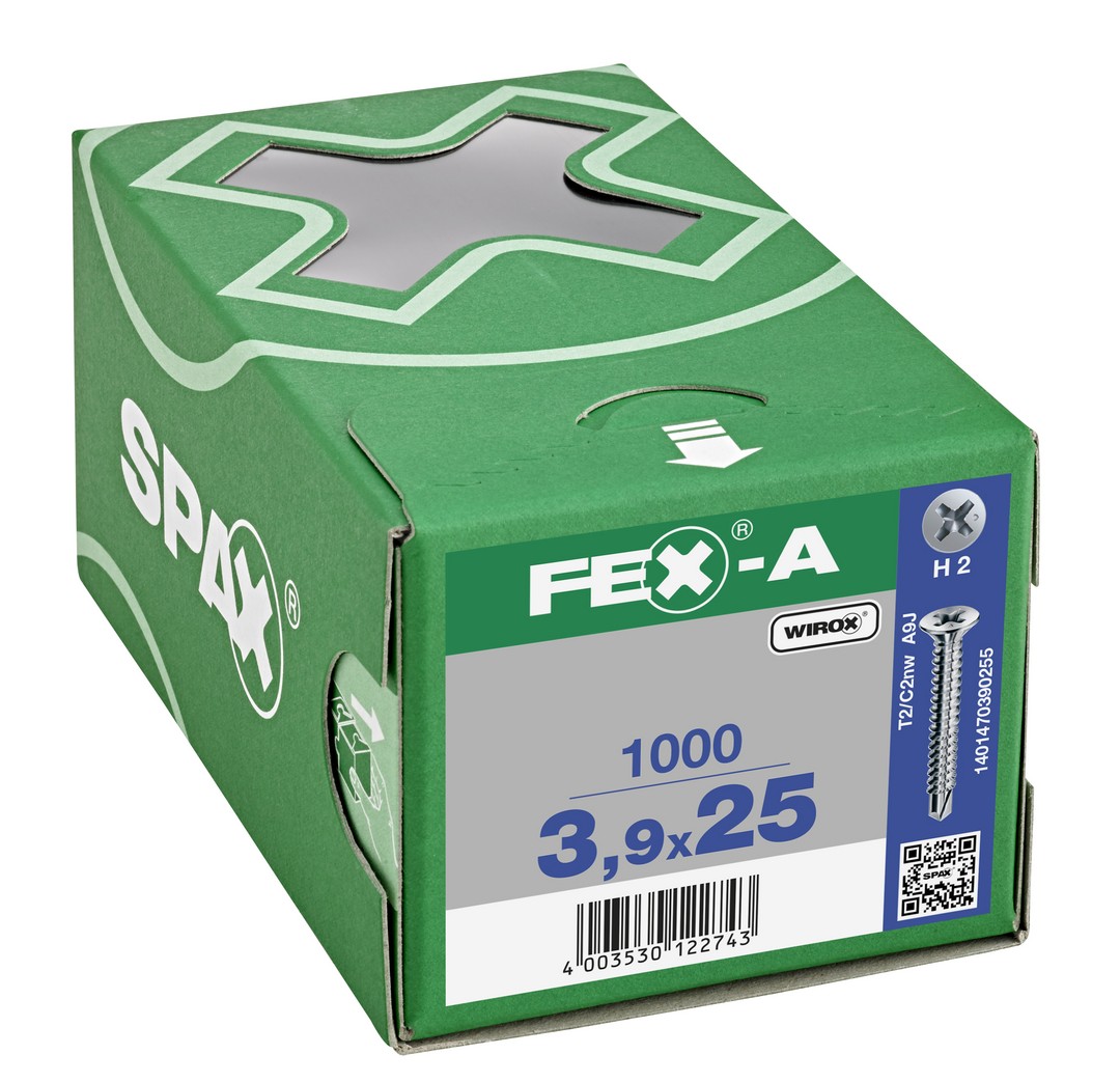 FEX-A, 3,9 x 25 mm, 1000 unidades, Rosca gruesa, Cabeza plana, Ranura en cruz H2, Punta perforadora, Titanio plateado