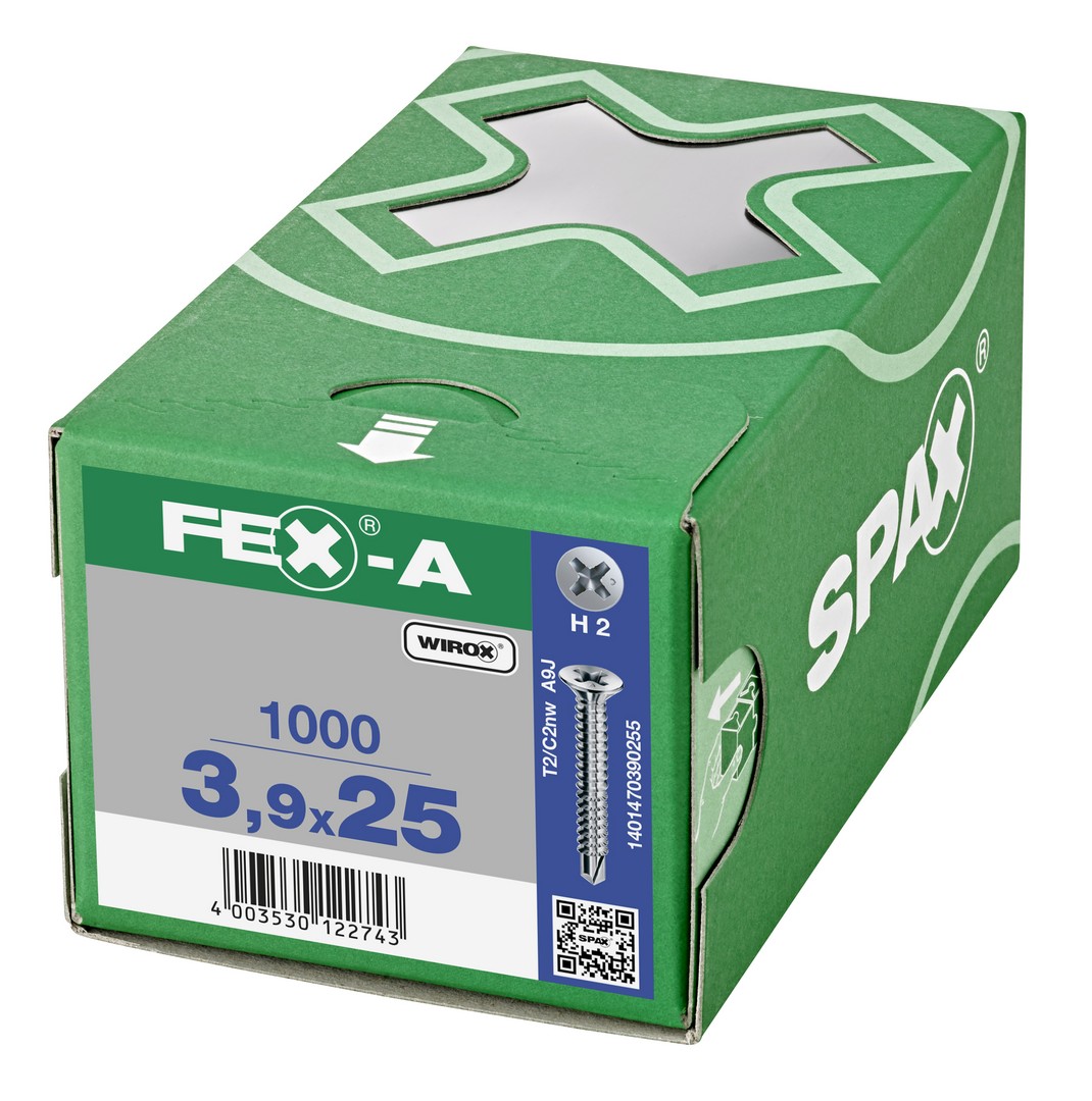 FEX-A, 3,9 x 25 mm, 1000 unidades, Rosca gruesa, Cabeza plana, Ranura en cruz H2, Punta perforadora, Titanio plateado