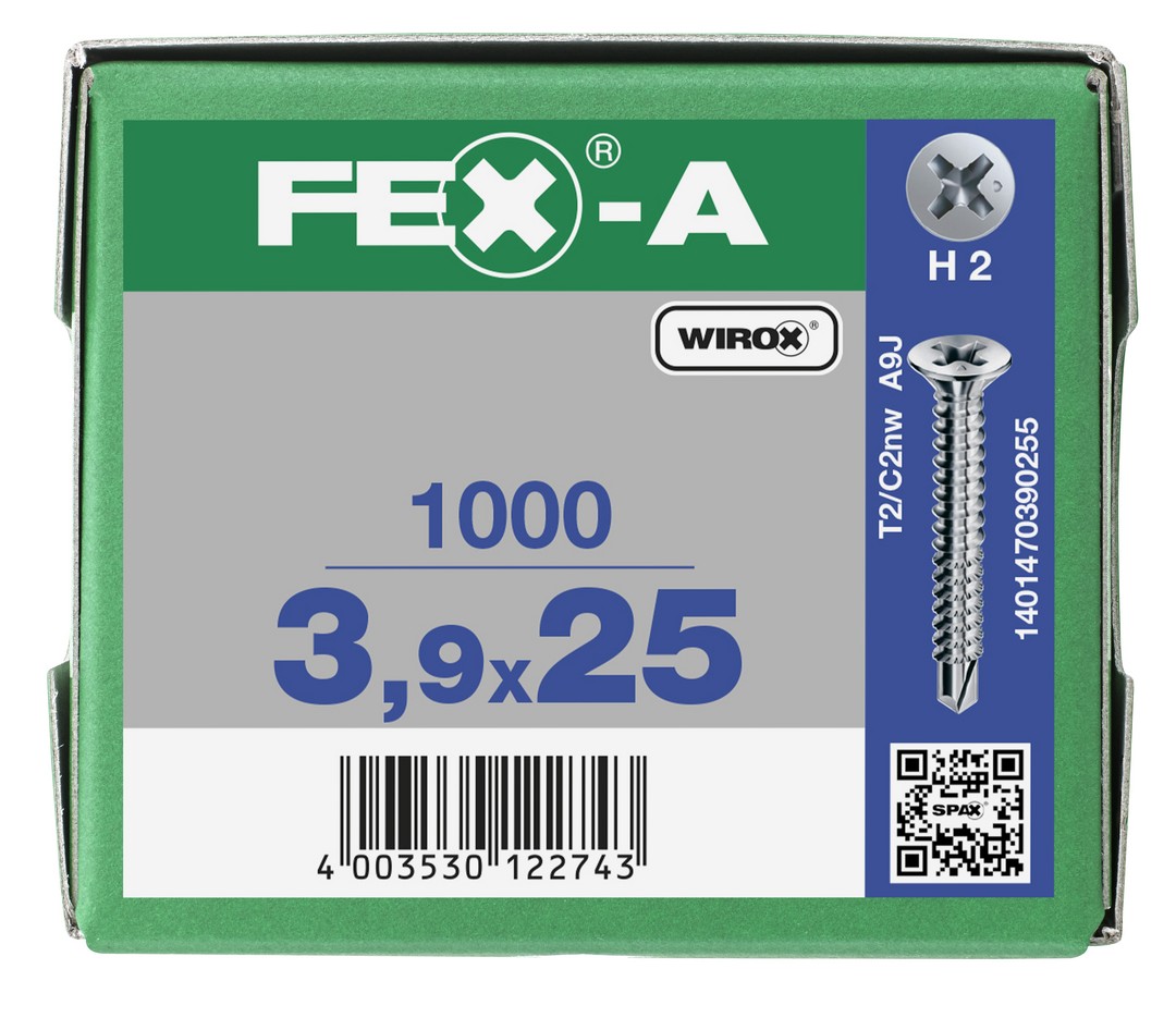 FEX-A, 3,9 x 25 mm, 1000 unidades, Rosca gruesa, Cabeza plana, Ranura en cruz H2, Punta perforadora, Titanio plateado