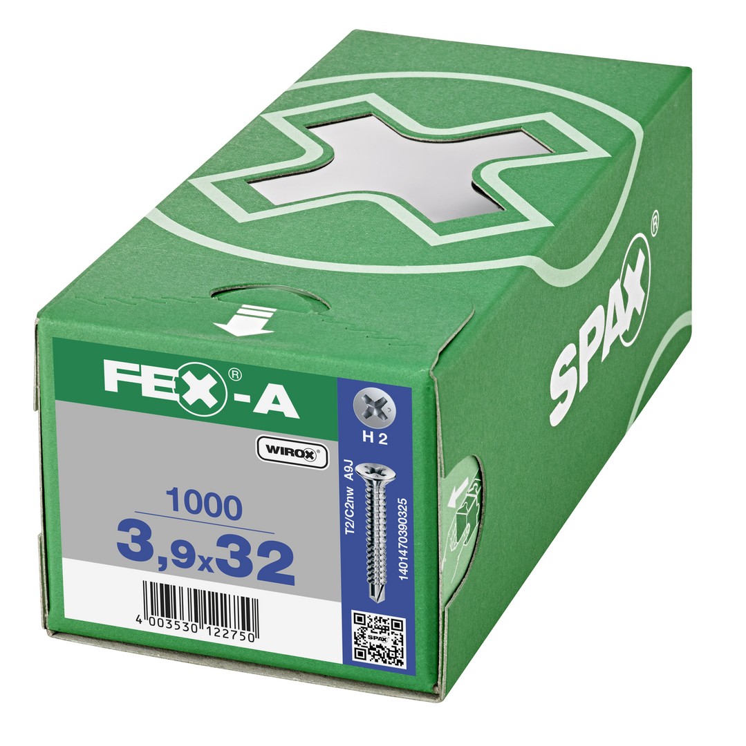 FEX-A, 3,9 x 32 mm, 1000 unidades, Rosca gruesa, Cabeza plana, Ranura en cruz H2, Punta perforadora, Titanio plateado