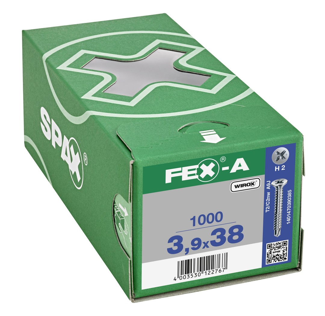 FEX-A, 3,9 x 38 mm, 1000 unidades, Rosca gruesa, Cabeza plana, Ranura en cruz H2, Punta perforadora, Titanio plateado