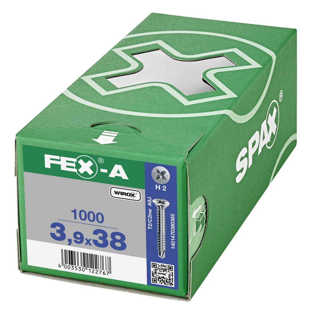 FEX-A, 3,9 x 38 mm, 1000 unidades, Rosca gruesa, Cabeza plana, Ranura en cruz H2, Punta perforadora, Titanio plateado