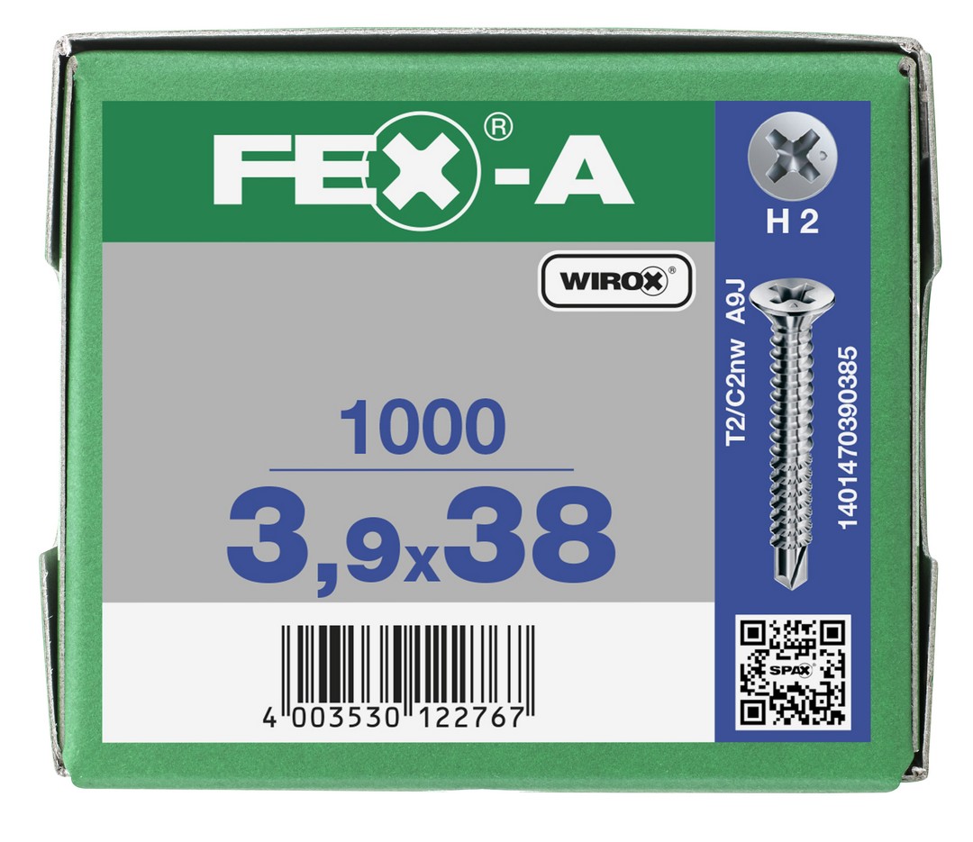 FEX-A, 3,9 x 38 mm, 1000 unidades, Rosca gruesa, Cabeza plana, Ranura en cruz H2, Punta perforadora, Titanio plateado