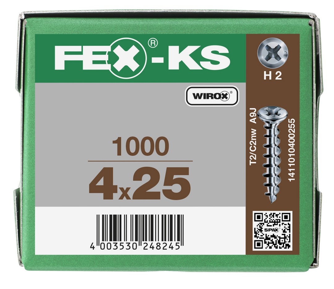 FEX-KS, 4,2 x 25 mm, 1000 unidades, Rosca especial, Cabeza plana, Ranura en cruz H2, Punta autoperforante, WIROX