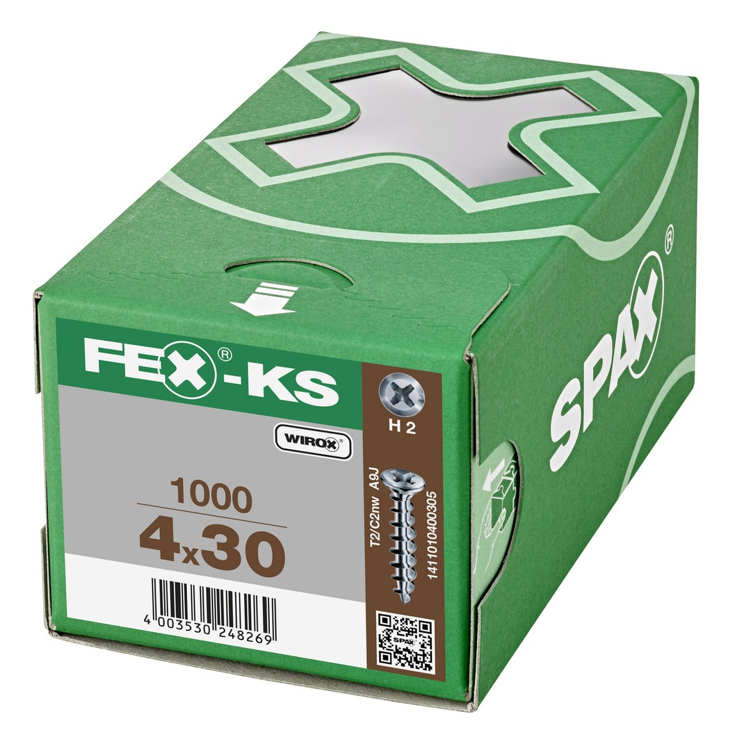 FEX-KS, 4,2 x 30 mm, 1000 unidades, Rosca especial, Cabeza plana, Ranura en cruz H2, Punta autoperforante, WIROX