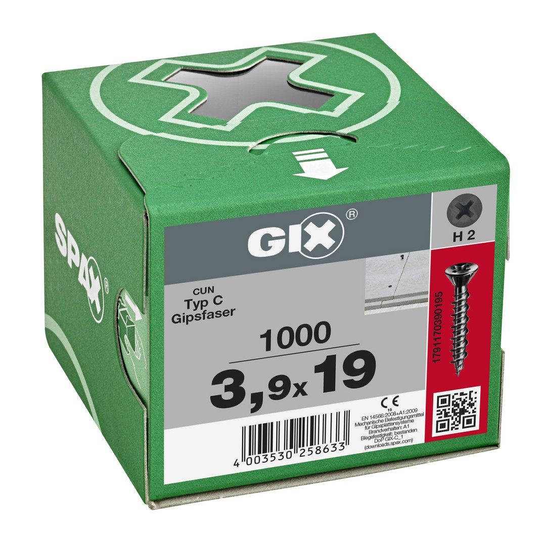 GIX C para placas de yeso-fibra, Rosca completa, Cabeza de fresado reducida, Ranura en cruz H, Punta de aguja, Fosfatado negro 3.9 x 19 mm, 1000 uds (Caja Pro)