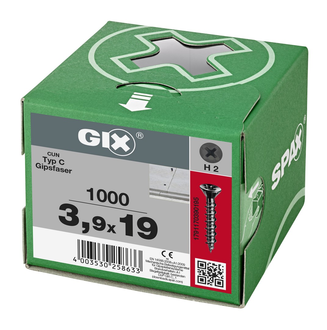 GIX C para placas de yeso-fibra, Rosca completa, Cabeza de fresado reducida, Ranura en cruz H, Punta de aguja, Fosfatado negro 3.9 x 19 mm, 1000 uds (Caja Pro)
