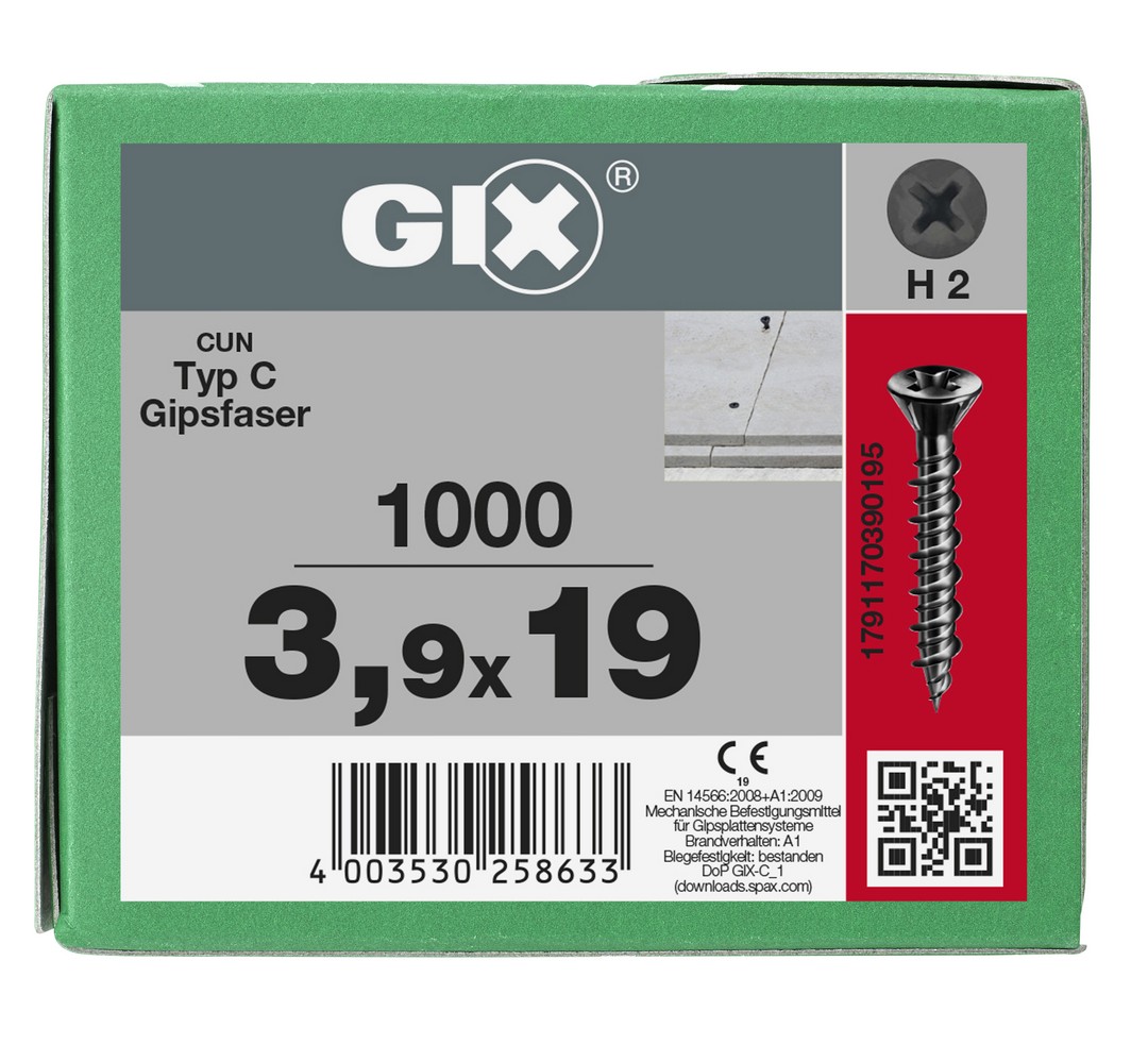 GIX C para placas de yeso-fibra, Rosca completa, Cabeza de fresado reducida, Ranura en cruz H, Punta de aguja, Fosfatado negro 3.9 x 19 mm, 1000 uds (Caja Pro)