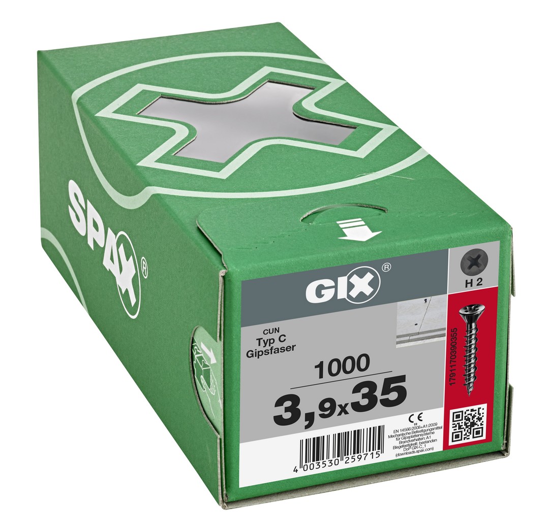GIX C para placas de yeso-fibra, Rosca completa, Cabeza de fresado reducida, Ranura en cruz H, Punta de aguja, Fosfatado negro 3.9 x 35 mm, 1000 uds (Caja Pro)