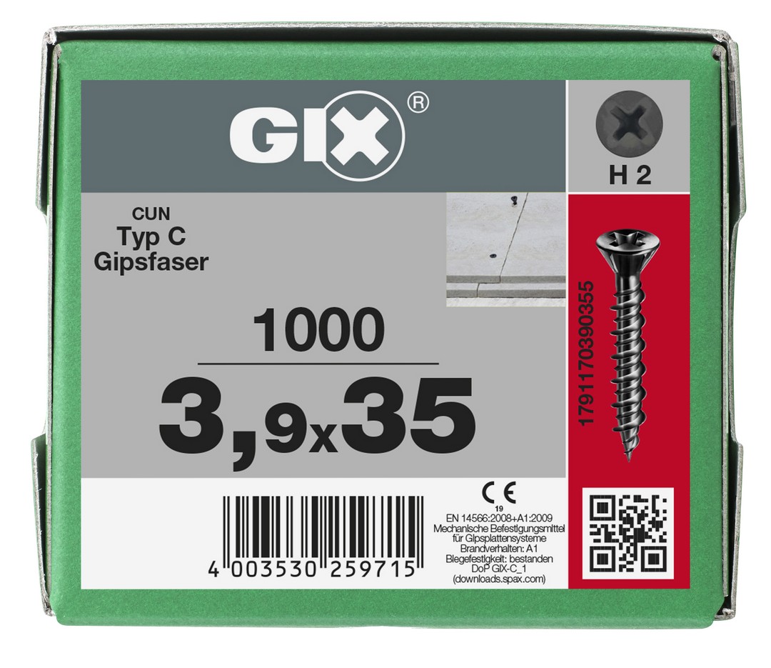 GIX C para placas de yeso-fibra, Rosca completa, Cabeza de fresado reducida, Ranura en cruz H, Punta de aguja, Fosfatado negro 3.9 x 35 mm, 1000 uds (Caja Pro)
