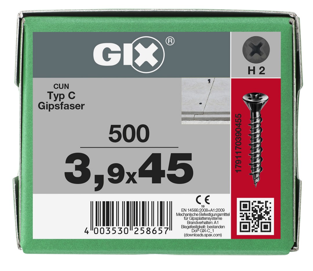GIX C para placas de yeso-fibra, Rosca completa, Cabeza de fresado reducida, Ranura en cruz H, Punta de aguja, Fosfatado negro 3.9 x 45 mm, 500 uds (Caja Pro)