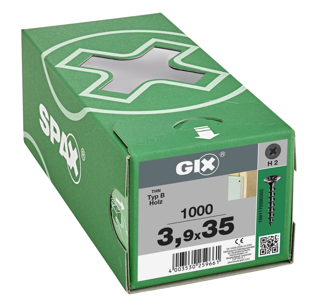 GIX B Rosca gruesa, Rosca completa, Cabeza de trompeta, Ranura en cruz H, Punta de aguja, Fosfatado negro, 3.9 x 35 mm, 1000 uds (Caja Pro)