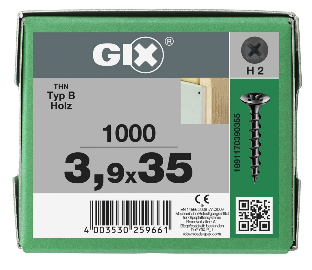GIX B Rosca gruesa, Rosca completa, Cabeza de trompeta, Ranura en cruz H, Punta de aguja, Fosfatado negro, 3.9 x 35 mm, 1000 uds (Caja Pro)