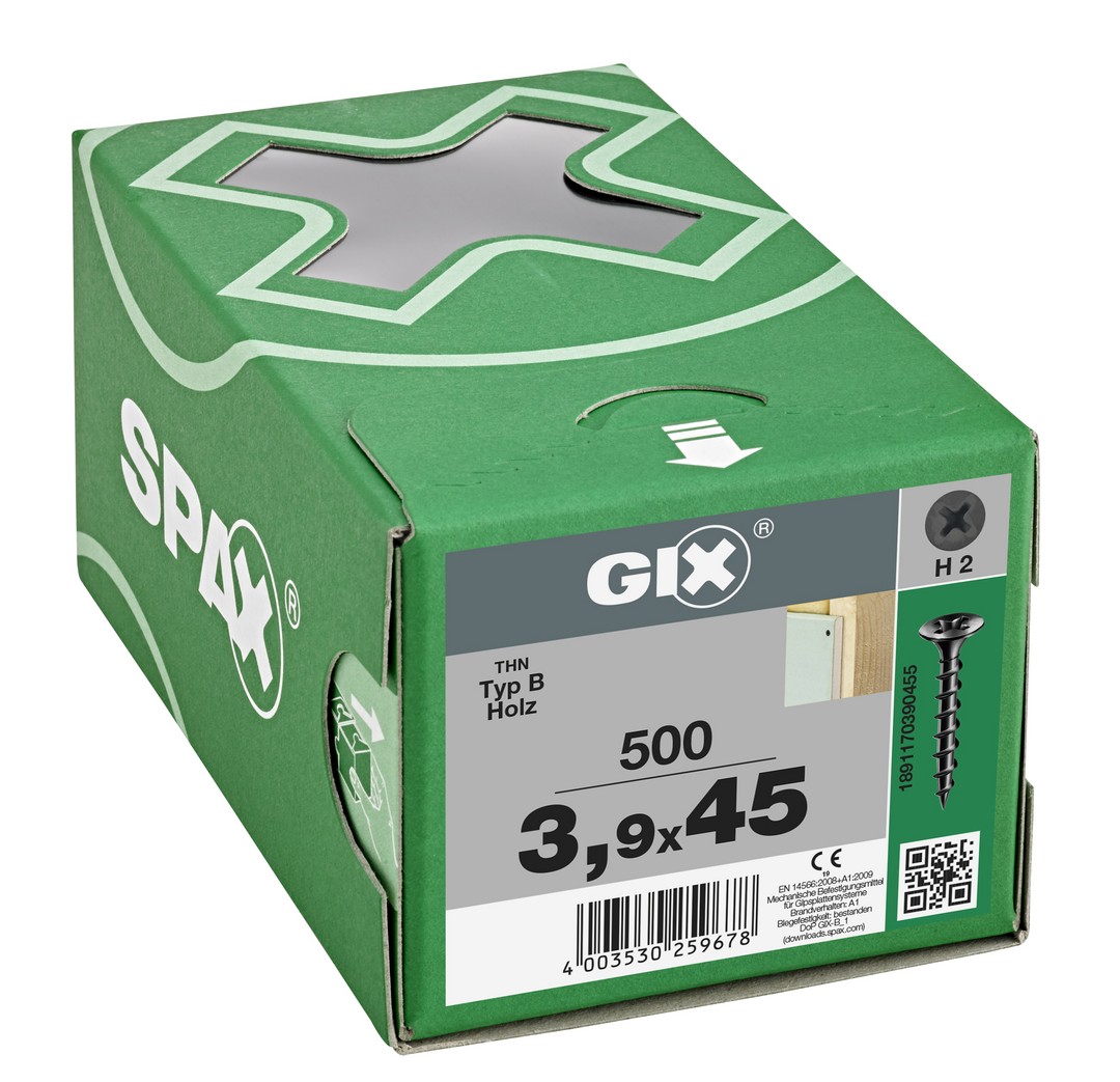 GIX B Rosca gruesa, Rosca completa, Cabeza de trompeta, Ranura en cruz H, Punta de aguja, Fosfatado negro, 3.9 x 45 mm, 500 uds (Caja Pro)