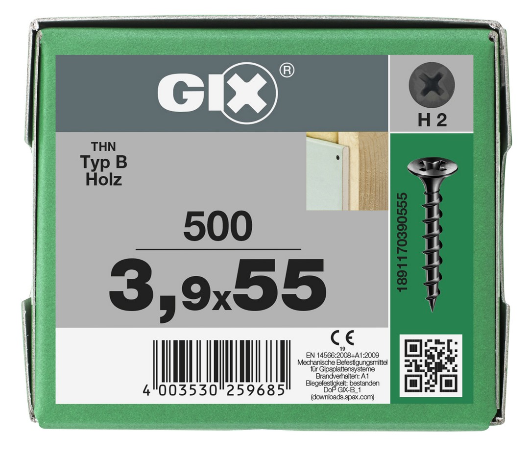 GIX B Rosca gruesa, Rosca completa, Cabeza de trompeta, Ranura en cruz H, Punta de aguja, Fosfatado negro, 3.9 x 55 mm, 500 uds (Caja Pro)