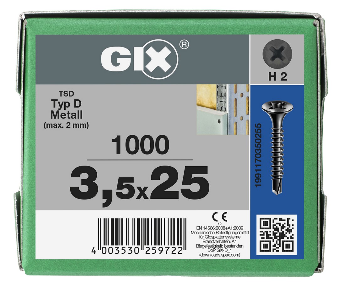 GIX D Punta perforadora, Rosca completa, Cabeza de trompeta, Ranura en cruz H, Punta perforadora, Fosfatado negro, 3.5 mm x 25 mm, 1000 uds (Caja Pro)