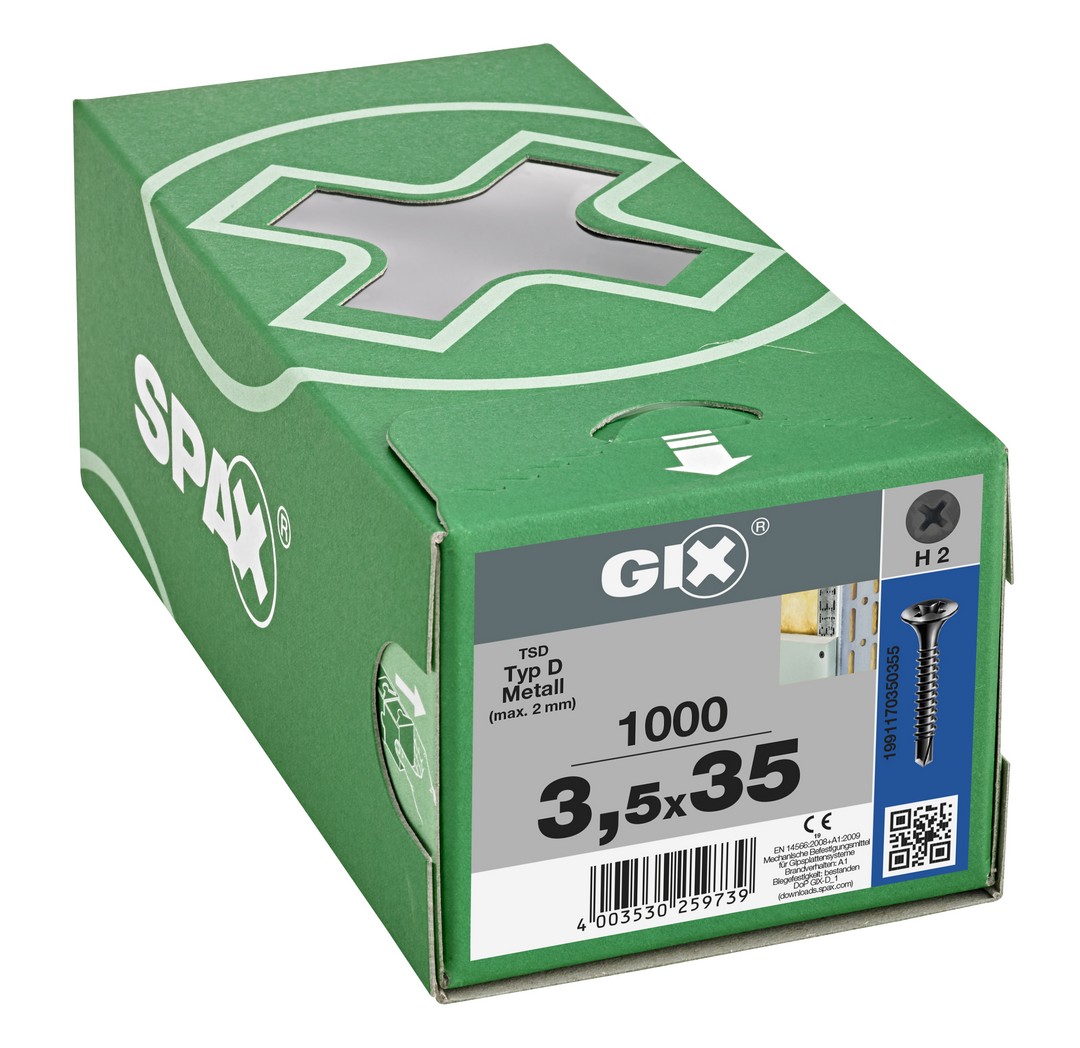 GIX D Punta perforadora, Rosca completa, Cabeza de trompeta, Ranura en cruz H, Punta perforadora, Fosfatado negro, 3.5 mm x 35 mm, 1000 uds (Caja Pro)