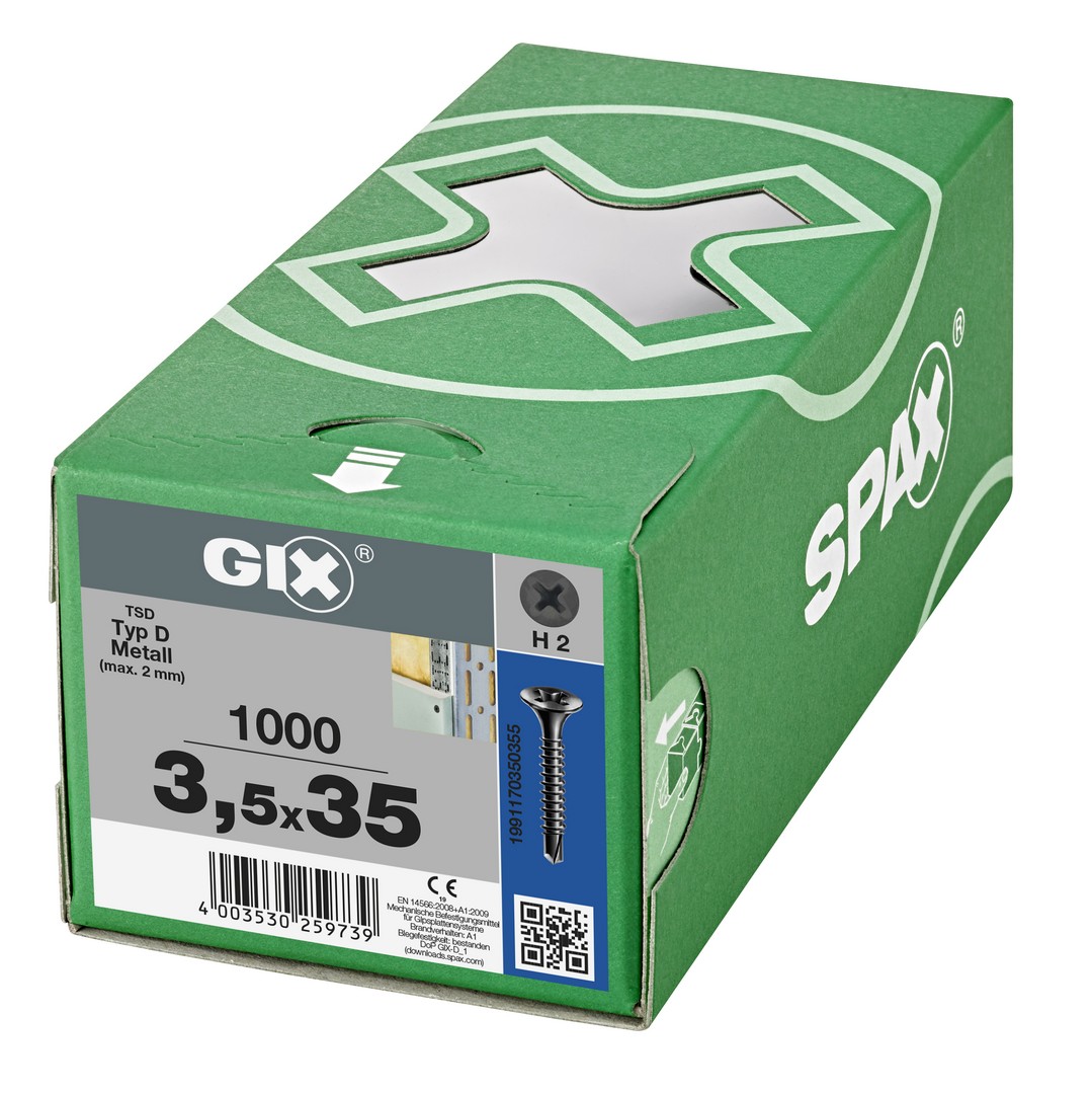 GIX D Punta perforadora, Rosca completa, Cabeza de trompeta, Ranura en cruz H, Punta perforadora, Fosfatado negro, 3.5 mm x 35 mm, 1000 uds (Caja Pro)
