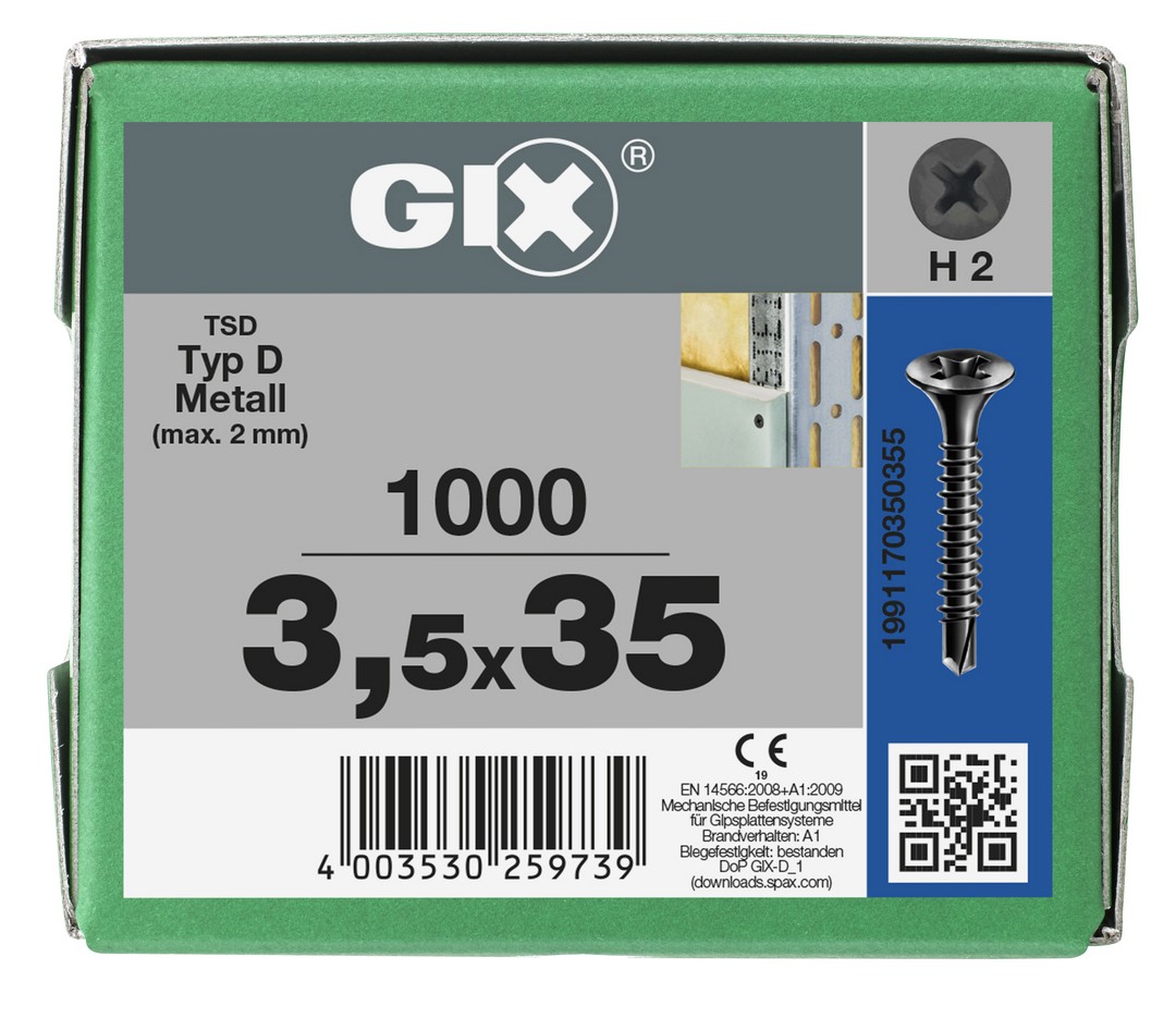 GIX D Punta perforadora, Rosca completa, Cabeza de trompeta, Ranura en cruz H, Punta perforadora, Fosfatado negro, 3.5 mm x 35 mm, 1000 uds (Caja Pro)