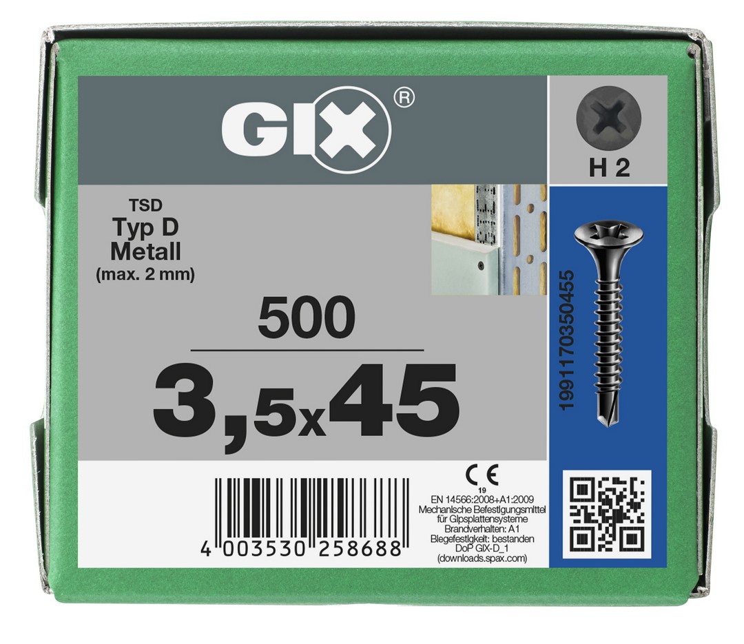 GIX D Punta perforadora, Rosca completa, Cabeza de trompeta, Ranura en cruz H, Punta perforadora, Fosfatado negro, 3.5 mm x 45 mm, 500 uds (Caja Pro)
