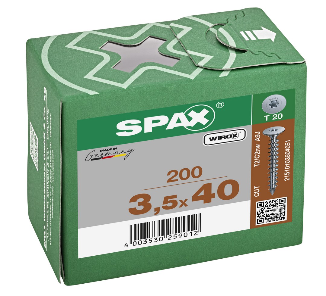 SPAX Cabeza de unión plana para paredes traseras, 3,5 x 40 mm, 200 unidades, rosca completa, cabeza de unión, T-STAR plus, punta CUT, WIROX