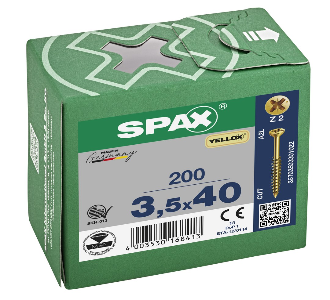 SPAX Tornillo para listones de madera, 3,5 x 40 mm, 200 unidades, Rosca parcial, Cabeza plana, Ranura en cruz Z2, Punta CUT, YELLOX