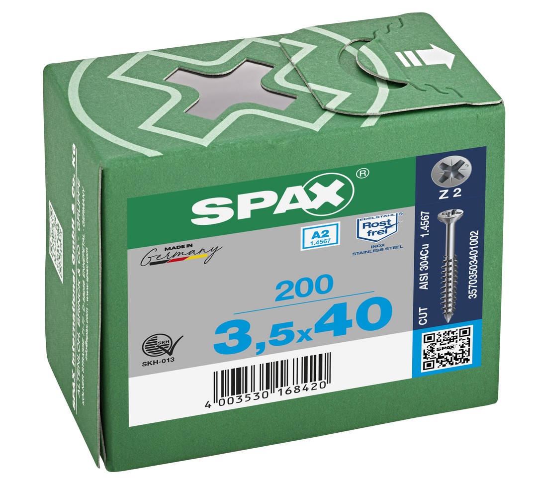 SPAX Tornillo para listones de madera, 3,5 x 40 mm, 200 unidades, Rosca parcial, Cabeza plana, Ranura en cruz Z2, Punta CUT, Acero inoxidable A2