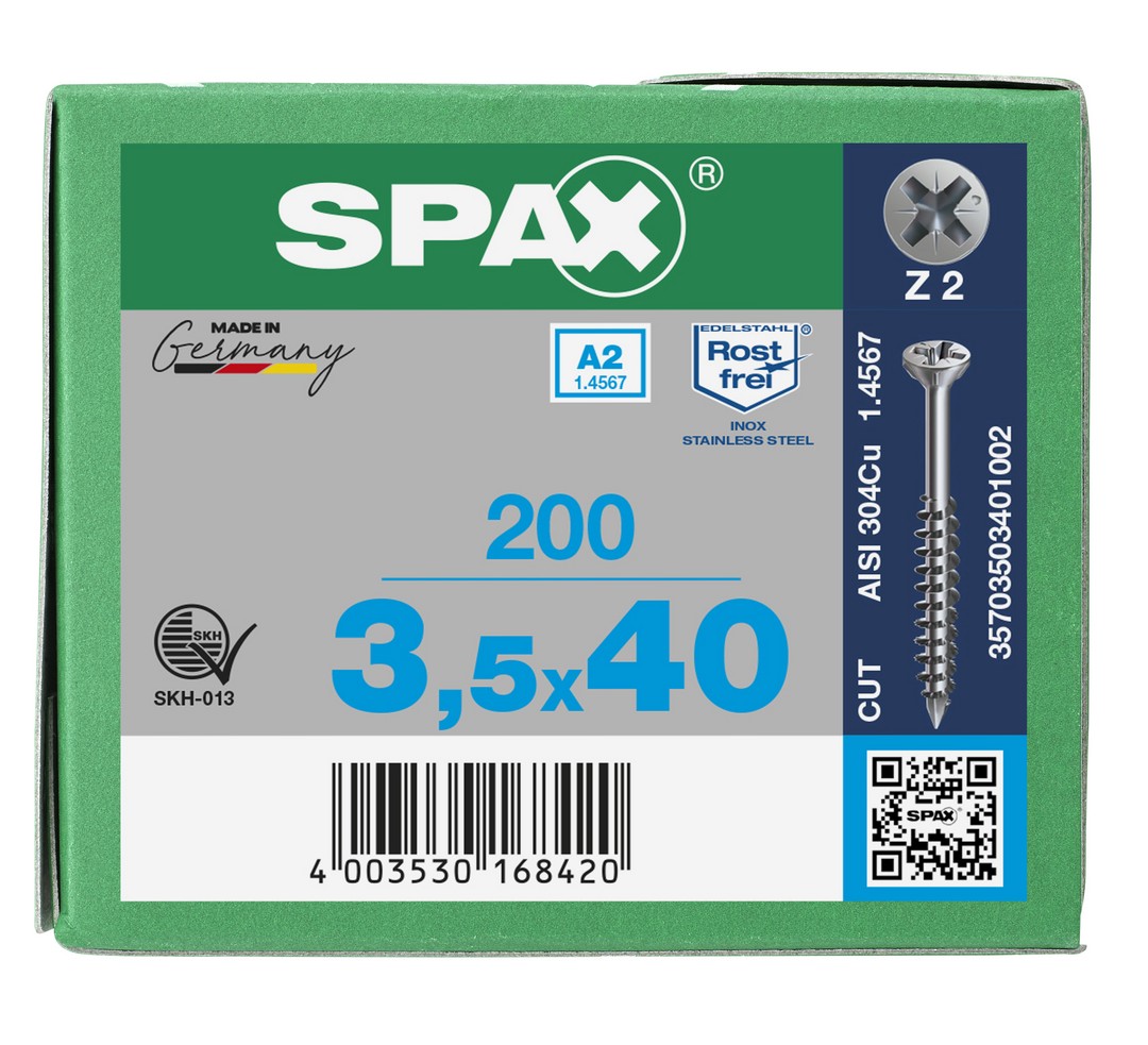 SPAX Tornillo para listones de madera, 3,5 x 40 mm, 200 unidades, Rosca parcial, Cabeza plana, Ranura en cruz Z2, Punta CUT, Acero inoxidable A2