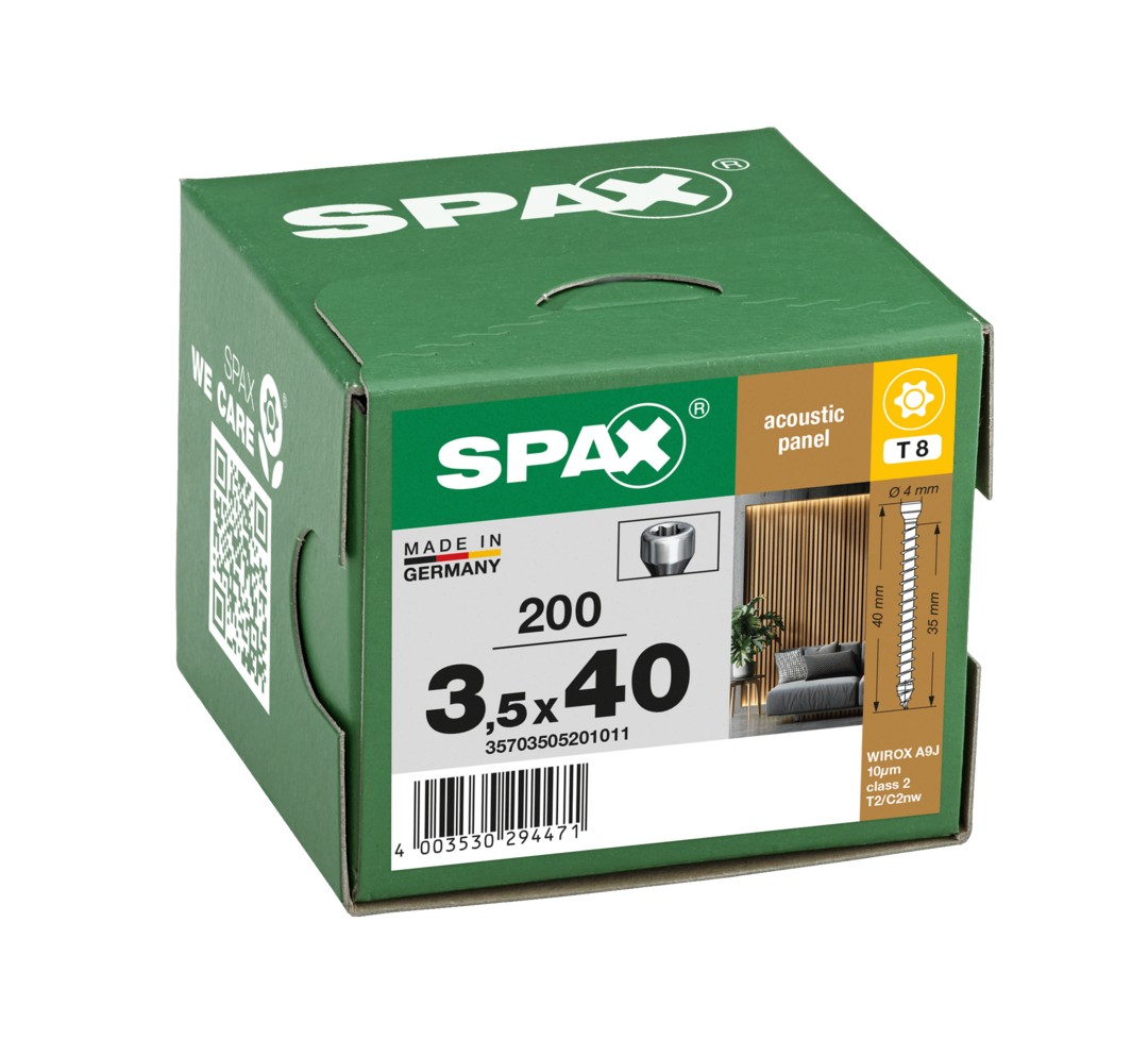 Tornillo SPAX Para Revestimiento Acústico Cabeza Pequeña T-STAR plus T8  4CUT, Rosca Completa Punta WIROX,  200 Uds.
