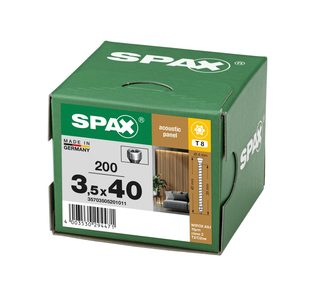Tornillo SPAX Para Revestimiento Acústico Cabeza Pequeña T-STAR plus T8  4CUT, Rosca Completa Punta WIROX,  200 Uds.