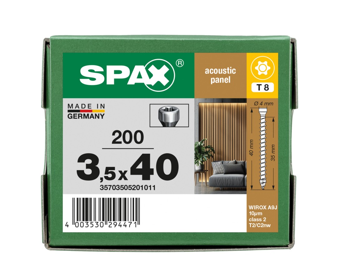Tornillo SPAX Para Revestimiento Acústico Cabeza Pequeña T-STAR plus T8  4CUT, Rosca Completa Punta WIROX,  200 Uds.
