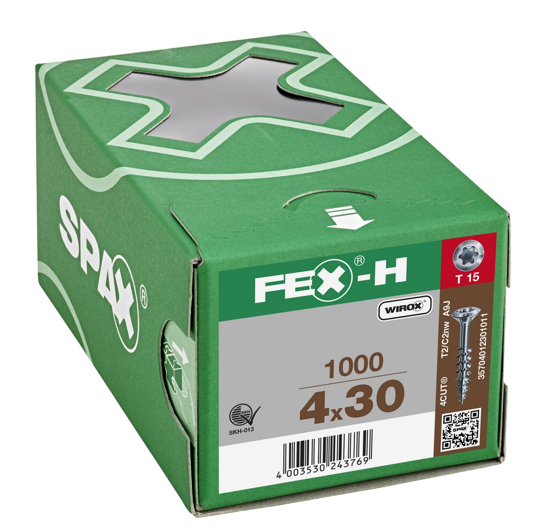 FEX-H, 4 x 30 mm, 1000 unidades, Rosca parcial, Cabeza plana, T-STAR plus T15, 4CUT, WIROX