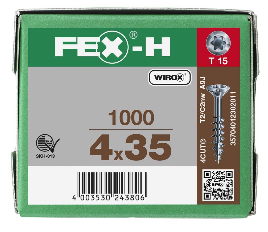 FEX-H, 4 x 35 mm, 1000 unidades, Rosca parcial, Cabeza plana, T-STAR plus T15, 4CUT, WIROX