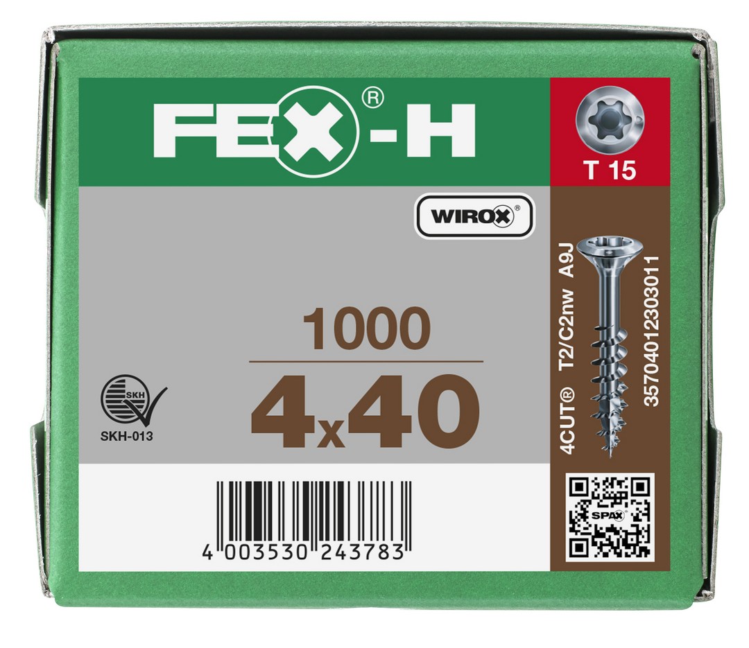 FEX-H, 4 x 40 mm, 1000 unidades, Rosca parcial, Cabeza plana, T-STAR plus T15, 4CUT, WIROX