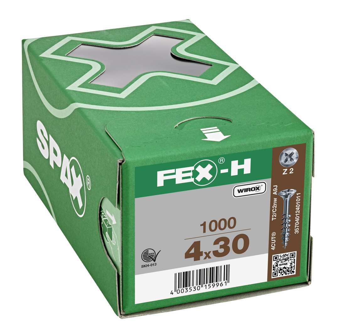 FEX-H, 4 x 30 mm, 1000 unidades, Rosca parcial, Cabeza plana, Ranura en cruz Z2, 4CUT, WIROX