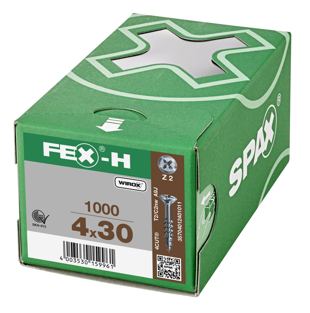 FEX-H, 4 x 30 mm, 1000 unidades, Rosca parcial, Cabeza plana, Ranura en cruz Z2, 4CUT, WIROX