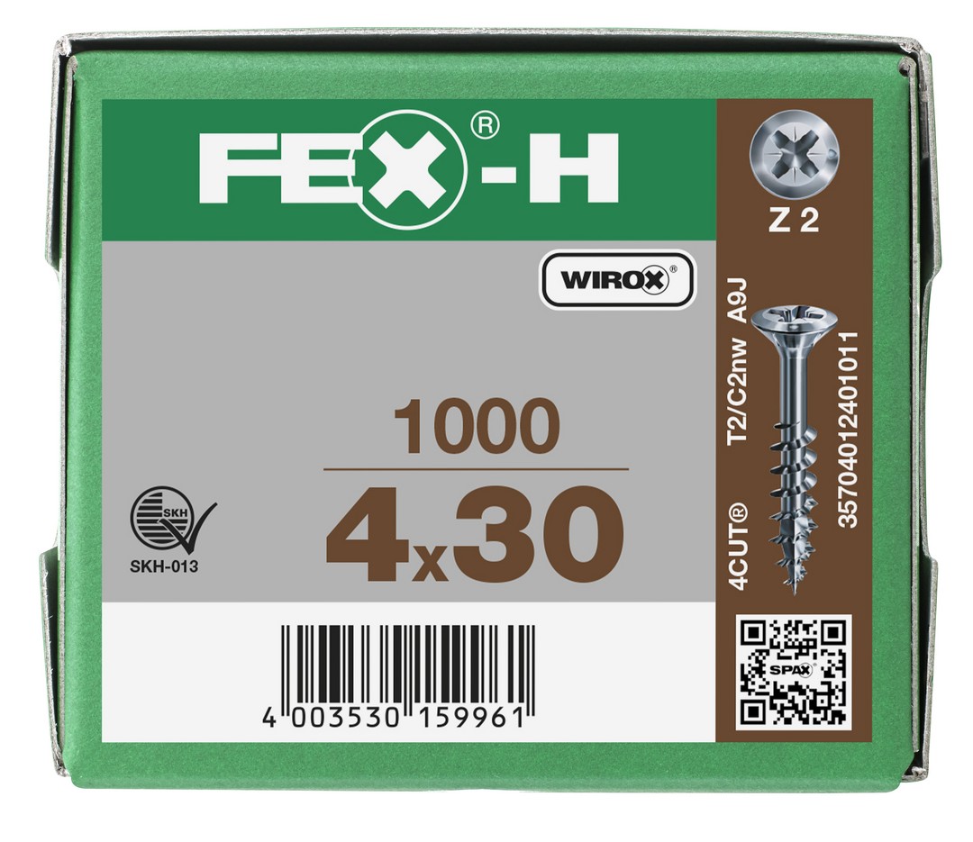 FEX-H, 4 x 30 mm, 1000 unidades, Rosca parcial, Cabeza plana, Ranura en cruz Z2, 4CUT, WIROX