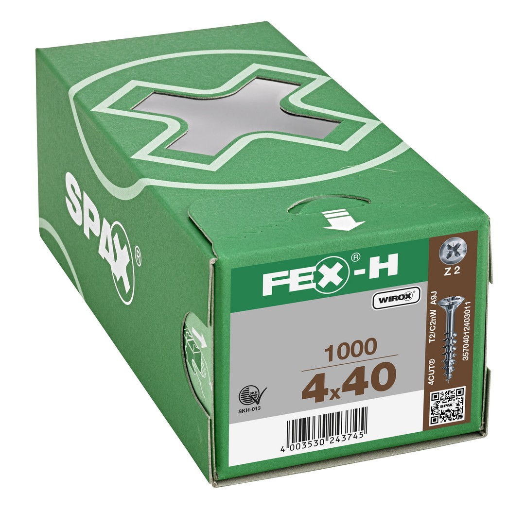 FEX-H, 4 x 40 mm, 1000 unidades, Rosca parcial, Cabeza plana, Ranura en cruz Z2, 4CUT, WIROX