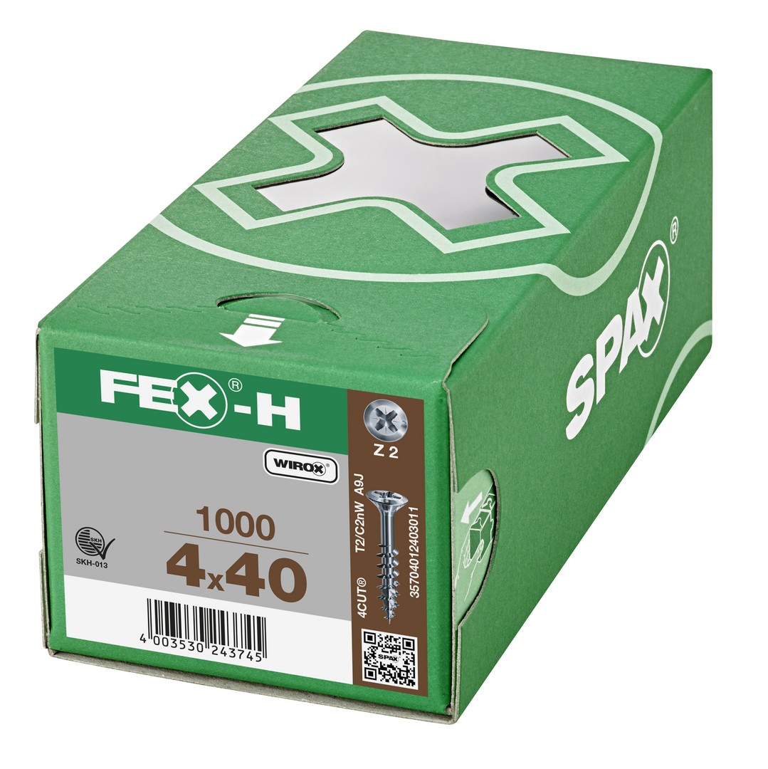 FEX-H, 4 x 40 mm, 1000 unidades, Rosca parcial, Cabeza plana, Ranura en cruz Z2, 4CUT, WIROX