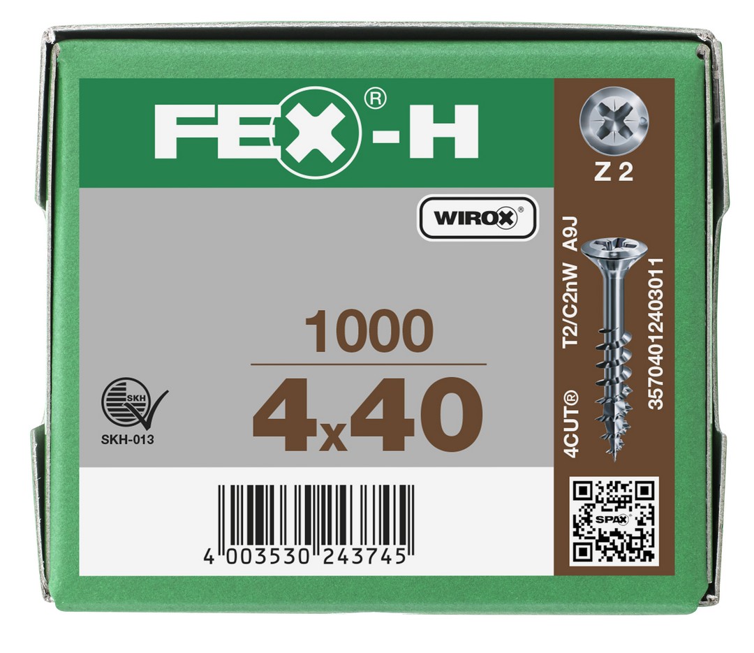 FEX-H, 4 x 40 mm, 1000 unidades, Rosca parcial, Cabeza plana, Ranura en cruz Z2, 4CUT, WIROX