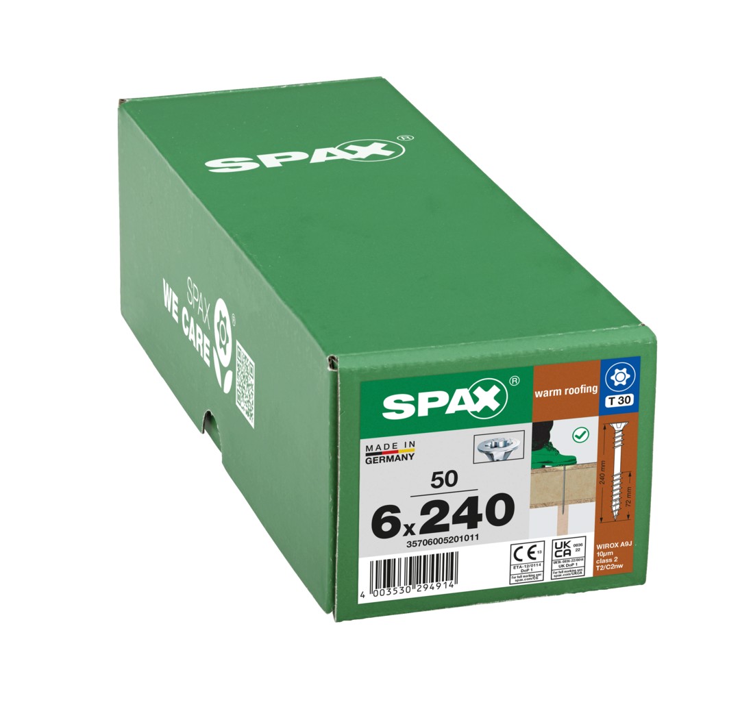 SPAX Tornillo para aislamiento térmico, 6 x 240 mm, rosca de fijación, cabeza avellanada, T-STAR plus T30, 4CUT, WIROX, 50 uds.