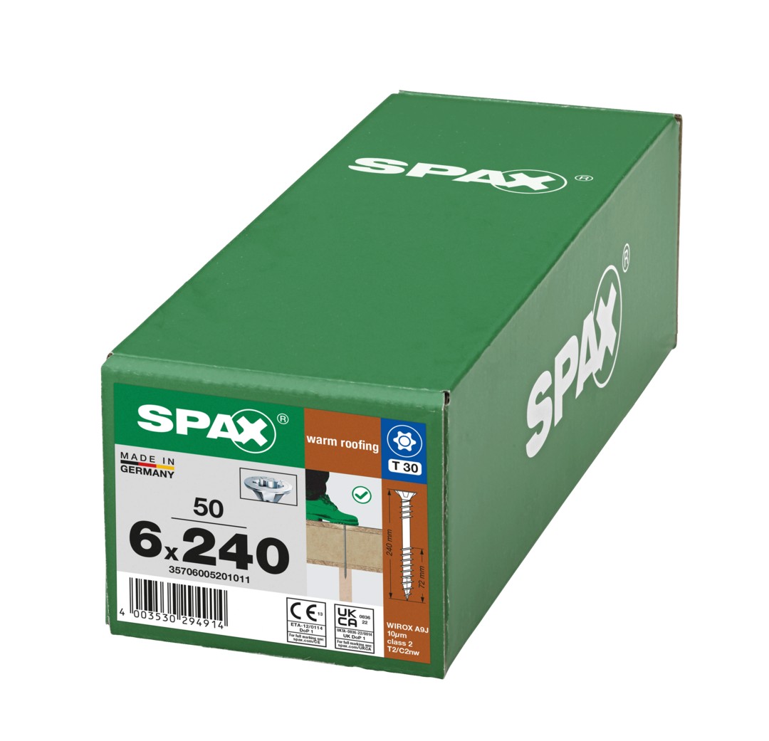SPAX Tornillo para aislamiento térmico, 6 x 240 mm, rosca de fijación, cabeza avellanada, T-STAR plus T30, 4CUT, WIROX, 50 uds.