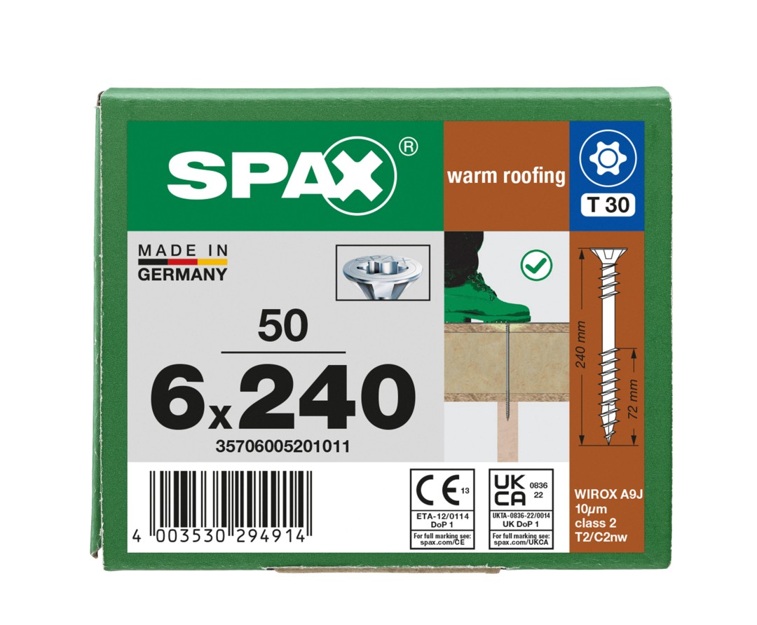 SPAX Tornillo para aislamiento térmico, 6 x 240 mm, rosca de fijación, cabeza avellanada, T-STAR plus T30, 4CUT, WIROX, 50 uds.