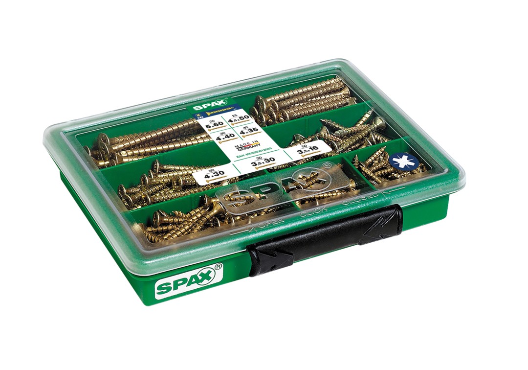 SPAX gama pequeña, Kit de tornillos con 7 dimensiones, 245 unidades, Cabeza plana, Ranura en cruz Z, YELLOX