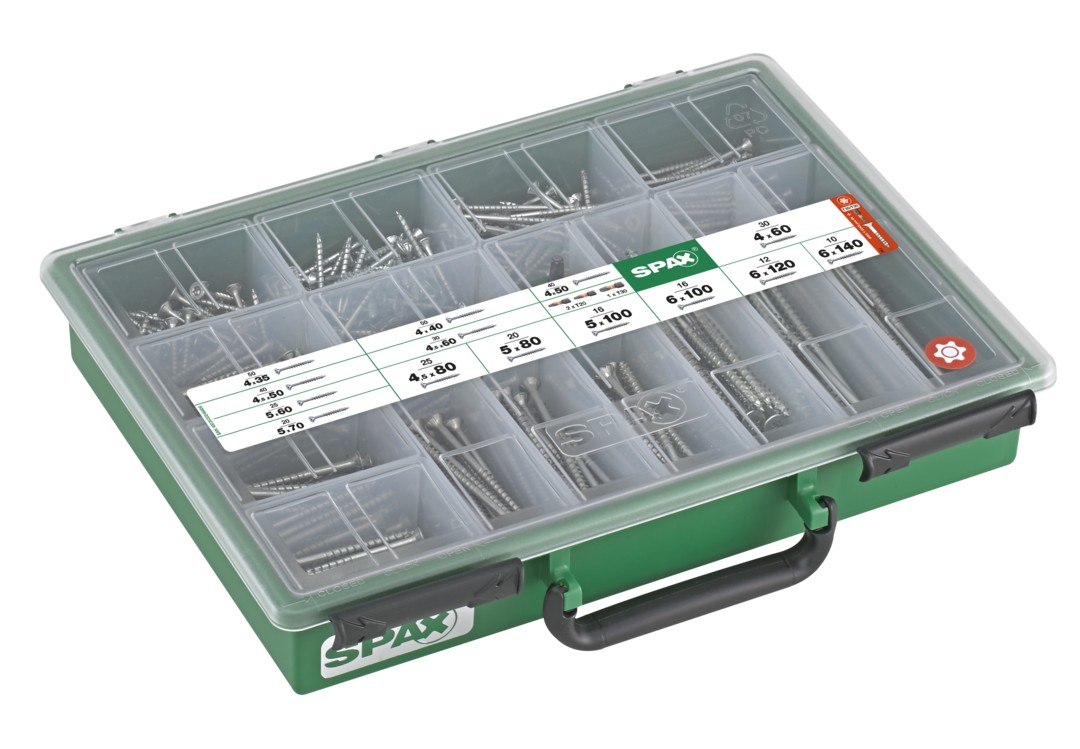 SPAX gama maletín, Kit de tornillos con 14 dimensiones, 384 unidades + 3 bits, Cabeza plana, T-STAR plus, WIROX