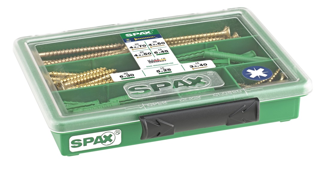 SPAX surtido pequeño, juego de tornillos de 4 dimensiones + espiga, 130 piezas, cabeza avellanada, ranura en cruz Z, YELLOX