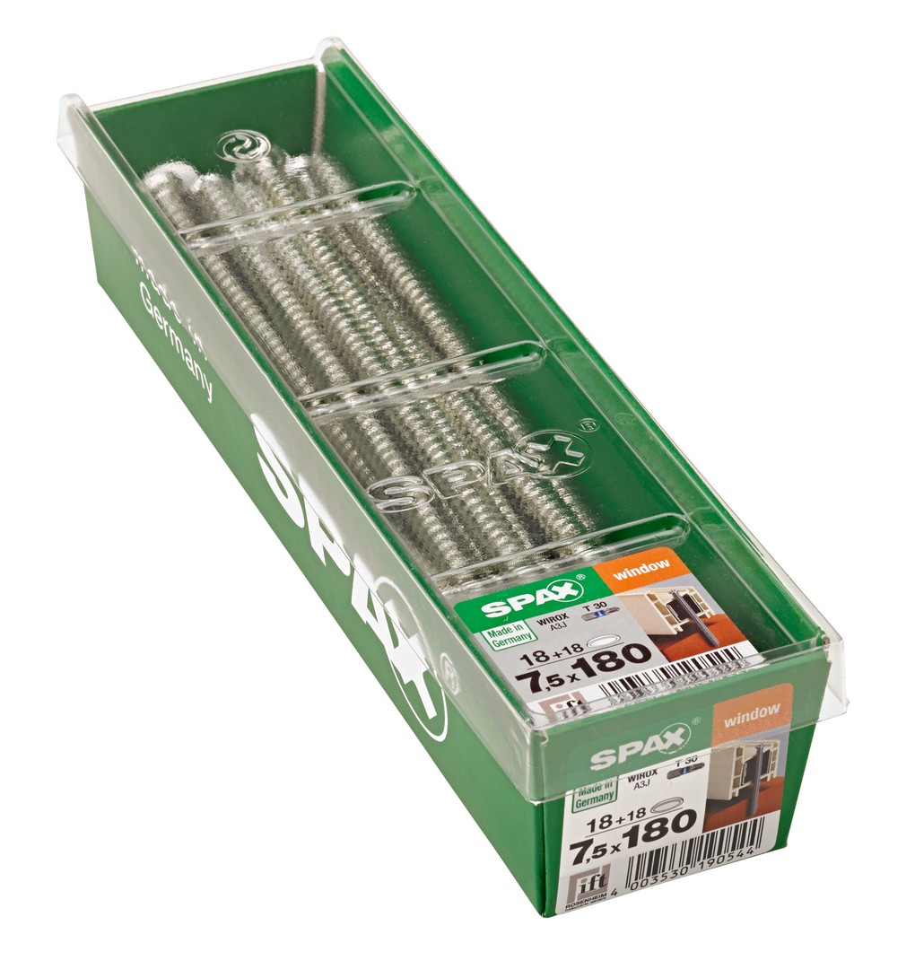 SPAX-RA, 7,5 x 180 mm, 18 unidades, Rosca completa, Cabeza plana, T-STAR plus T30, WIROX