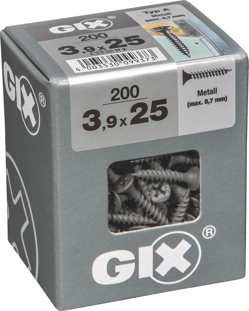 GIX A rosca fina, 3,9 x 25 mm, 200 unidades, Rosca completa, Cabeza de trompeta, Ranura en cruz H2, Punta de aguja, Fosfatado negro