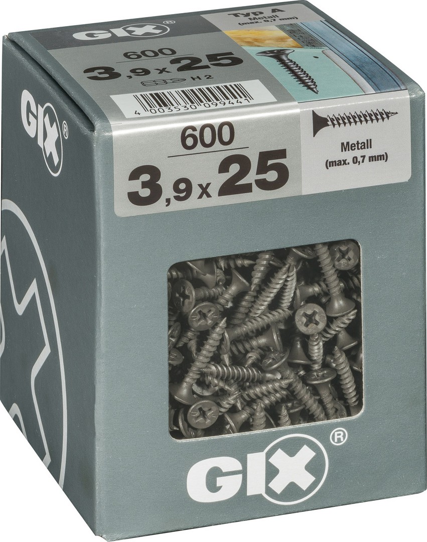 GIX A rosca fina, 3,9 x 25 mm, 600 unidades, Rosca completa, Cabeza de trompeta, Ranura en cruz H2, Punta de aguja, Fosfatado negro